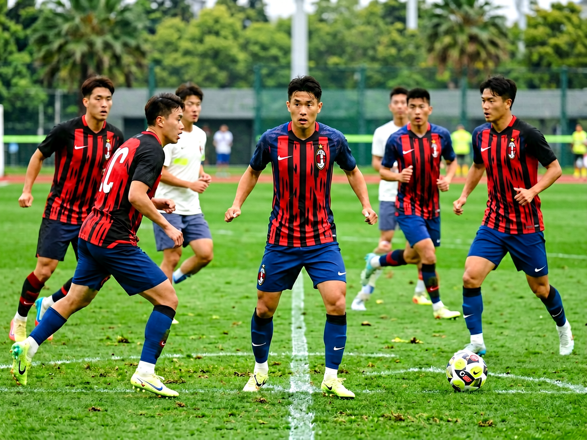 AC米兰球队训练场景，球员在训练场进行战术演练